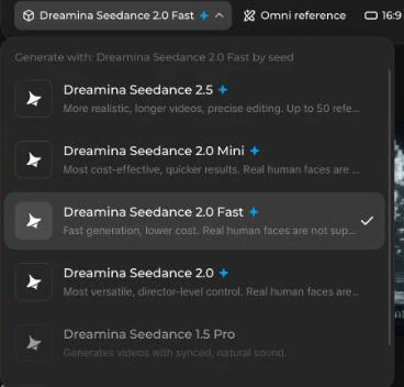 Dreamina's video model menu: Seedance 2.5 at the top, the Seedance 2.0 models marked as not supporting real human faces