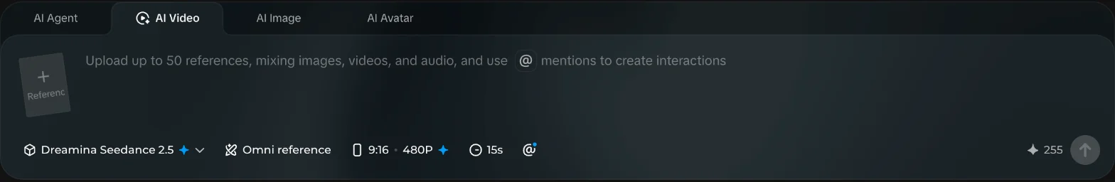 Dreamina AI Video settings for the zombie trend: Seedance 2.5, Omni reference, 9:16, 480P, 15 seconds, 255 credits